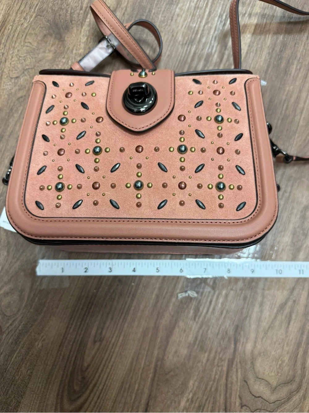 Coach Page Prairie Rivets Coral Pink Leather Studded Turnlock Shoulder/Cross Bag